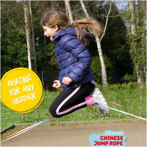 Girl playing with Chinese Jump Rope And Rubber Twist Set For Kids With Gummitwist Style in park, outdoor toy for ages 8 to 12
