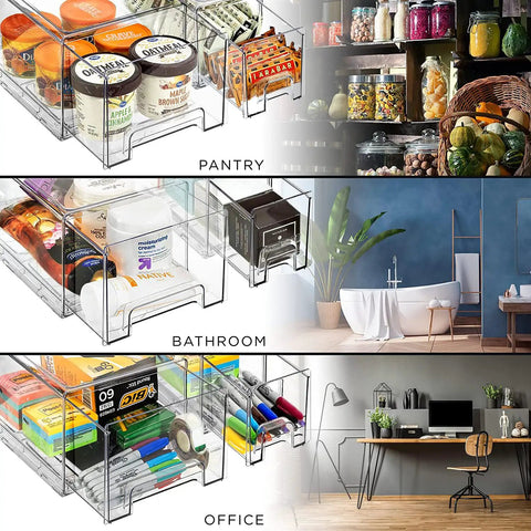 Must-Have Large Clear Stackable Storage Drawers 2-Pack With Handles Easy Pull-Out Plastic Organizer Bins for Pantry, Bathroom, and Office
