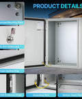Tough As Nails NEMA 4X Steel Electrical Enclosure Box 16X12X8 showing interior with galvanized mounting plate and SS 304 safety lock.