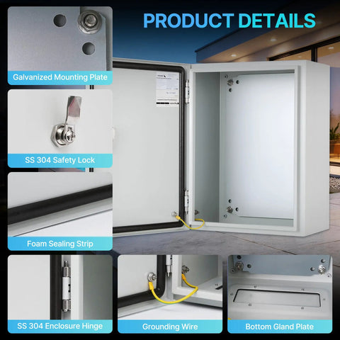 Tough As Nails NEMA 4X Steel Electrical Enclosure Box 16X12X8 showing interior with galvanized mounting plate and SS 304 safety lock.