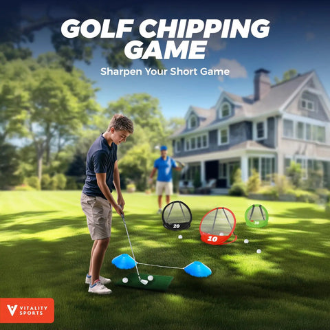 Boy practicing with Golf Chipping Practice Net Set With Three Target Nets In Small Medium Large in backyard