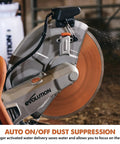 R14DCT 14 Inch Electric Concrete Saw With High Torque 20 Amp Motor, 5-1-8 Inch Cut Depth, close-up on blade with dust suppression