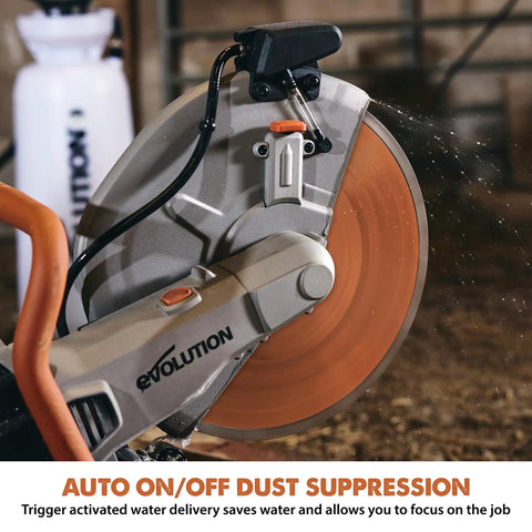 R14DCT 14 Inch Electric Concrete Saw With High Torque 20 Amp Motor, 5-1-8 Inch Cut Depth, close-up on blade with dust suppression