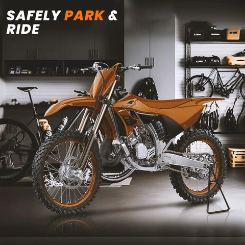 Beefy Heavy Duty Triangle Motorcycle Stand Universal Kickstand For 80 To 500cc Dirt Bikes in garage with orange motocross bike