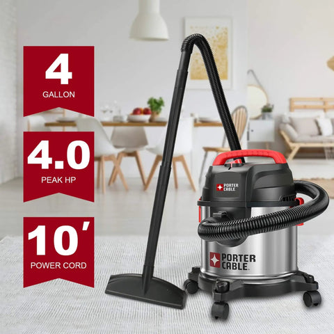 Stainless Steel 4 Gallon Wet Dry Shop Vacuum With Lightweight Portable Design Beast Power 4 HP Motor in a modern living room