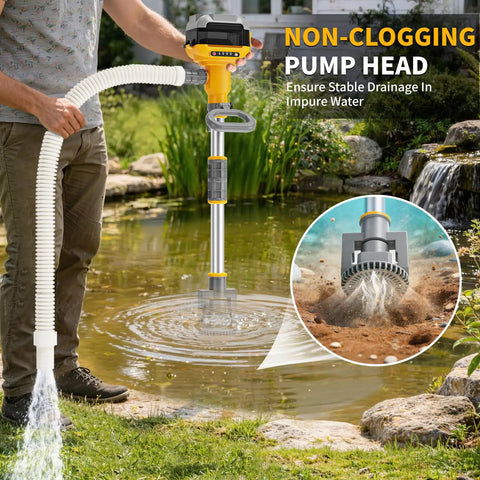 Man using 20V Battery Powered Water Transfer Pump Cordless Go Anywhere Stick Pump With 37 Inch Hose And Detachable Rod 800 GPH