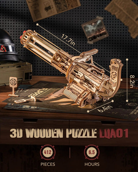 3D Wooden Puzzle Set For Adults With Rotating Barrel Machine And 412 Pieces Dual Trigger Action Realistic Firing Mechanism Interactive Desktop Toy Awesome Gift For Adults And Teens, wooden model on desk