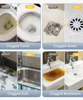 Before and after using Turbocharged Toilet Unclogger Kit With Real-Time Barometer on clogged toilet, sewer, sink, washbasin.