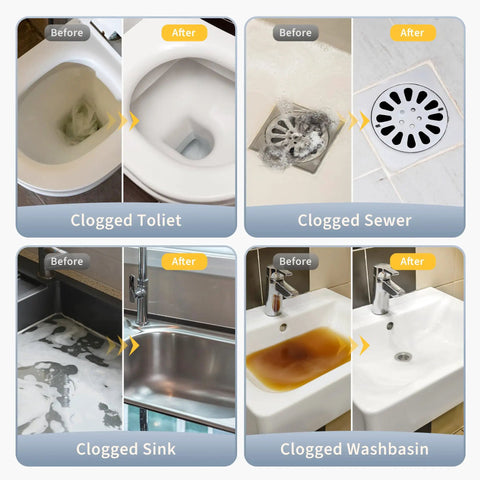 Before and after using Turbocharged Toilet Unclogger Kit With Real-Time Barometer on clogged toilet, sewer, sink, washbasin.