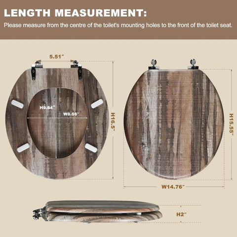 Round Wooden Toilet Seat heavy duty with Zinc Alloy Hinges dimensions and measurement guide, 16.5", molded wood by Angel Shield.