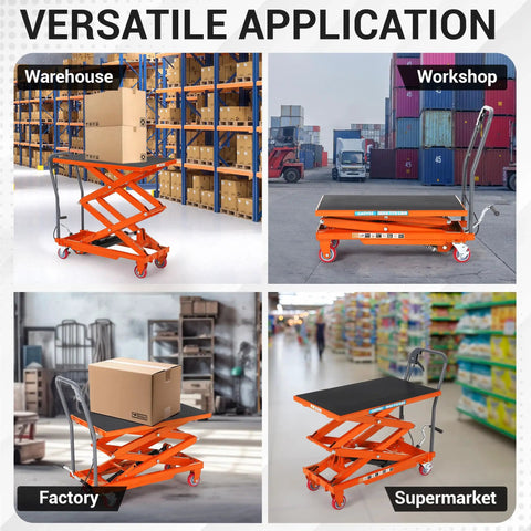 Heavy Duty Hydraulic Lift Table Cart, 770 Lbs Capacity, 50 Inch Rise, in warehouse, factory, workshop, and supermarket settings.