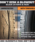 Comparison of unprotected tire with cracks and protected tire using Heavy Duty Tire Covers Set Of Four For 26 To 28.75 Inch Tires.