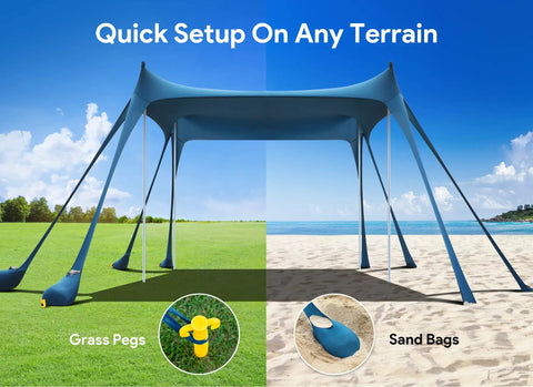 Beach Tent Sun Shelter UPF50 Plus with eight sandbags, ground pegs, and stability poles 10x10 ft shade canopy on grass and sand