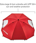 Oversized 9 Foot UPF 50 Plus Umbrella Shelter With Privacy Panels for sun and rain protection, featuring large red canopy.