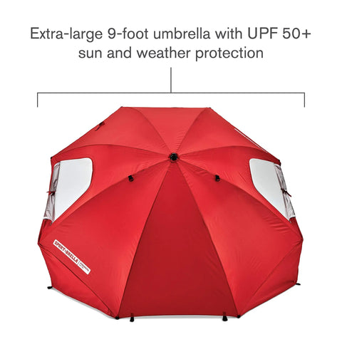 Oversized 9 Foot UPF 50 Plus Umbrella Shelter With Privacy Panels for sun and rain protection, featuring large red canopy.