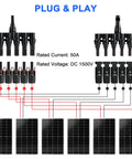 Built Like A Tank Solar Panel MC4 T Branch Connector 1 Male To 6 Female And 1 Female To 6 Male Plug And Play Wiring Harness IP67 Waterproof T Type Combiner 1 Pair with labeled connections.