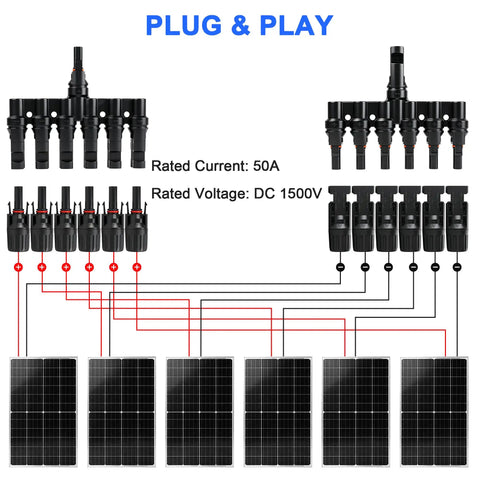 Built Like A Tank Solar Panel MC4 T Branch Connector 1 Male To 6 Female And 1 Female To 6 Male Plug And Play Wiring Harness IP67 Waterproof T Type Combiner 1 Pair with labeled connections.