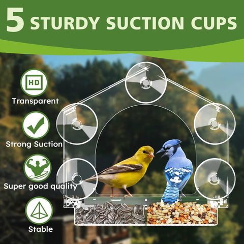 Epic Window Bird Feeder With Five Extra Strong Suction Cups For Outdoors, clear design with two birds and seeds