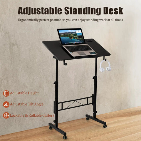 Total Game Changer Small Height Adjustable Standing Desk With Tiltable Tabletop And Smooth Rolling Wheels, ergonomic design with a laptop.