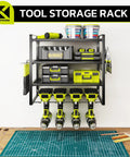 Four Tier Heavy Duty Power Tool Organizer with wall mount and drill holder, storing tools and supplies, in garage setting.