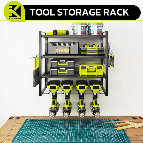 Four Tier Heavy Duty Power Tool Organizer with wall mount and drill holder, storing tools and supplies, in garage setting.