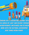 Colorful aerospace-themed toy rocket set with kaleidoscope tube, part of a science kit for hands-on learning about aerodynamics.