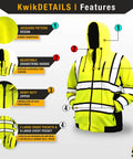 Yellow Safety Jacket Hoodie With Premium Quilted Stitching Class 3 ANSI OSHA Compliant Mens Fleece Hoodie Large Pockets Details