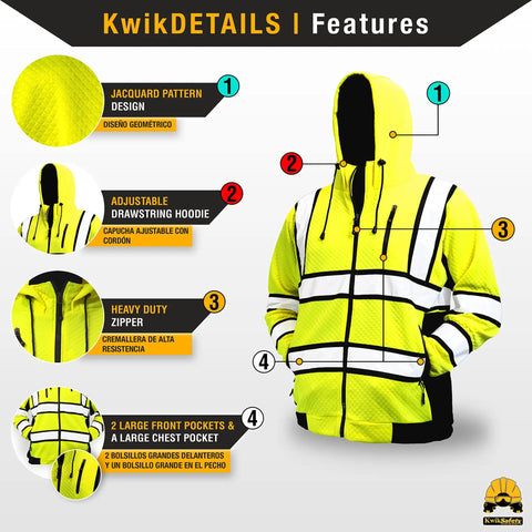 Yellow Safety Jacket Hoodie With Premium Quilted Stitching Class 3 ANSI OSHA Compliant Mens Fleece Hoodie Large Pockets Details