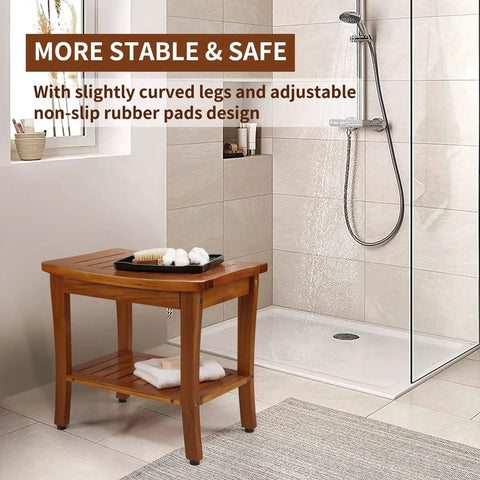 Bathroom with 20 Inch Teak Shower Bench Waterproof Wooden Chair For Indoor Use With Shelf Non Slip Bath Stool