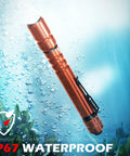 Rechargeable Pen Light Flashlight With Clip, 400 Lumens, orange color, IP67 waterproof, underwater view.