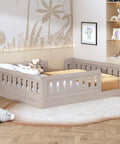Full Size Wood Bed Frame With Safety Guardrail For Kids in natural pine with cozy bedding, featuring a semi enclosed play space.