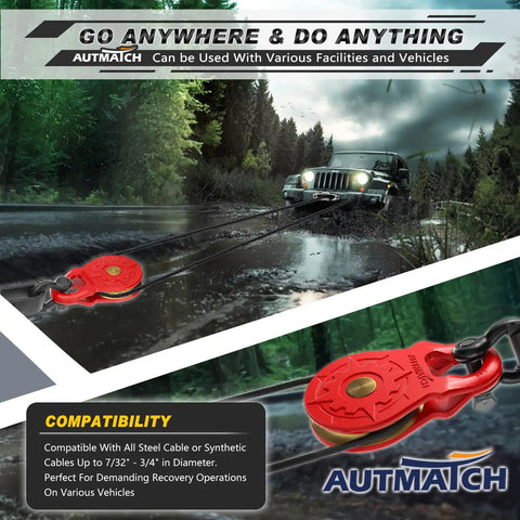 Winch Snatch Block 18 Ton Pulley For Off Road Recovery Red Heavy Duty Beefed Up Gear That Handles 39,683 Lbs Capacity And 79,366 Lbs Break Strength, Compatible With Synthetic Rope Or Steel Cable For Trucks UTVs And ATVs, red pulley on winch line