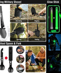 190 Piece Survival Gear And Medical Kit showing folding shovel, glow sticks, multitool spoon fork for camping