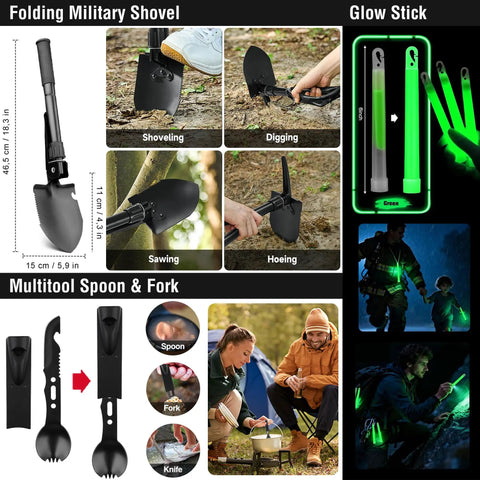 190 Piece Survival Gear And Medical Kit showing folding shovel, glow sticks, multitool spoon fork for camping