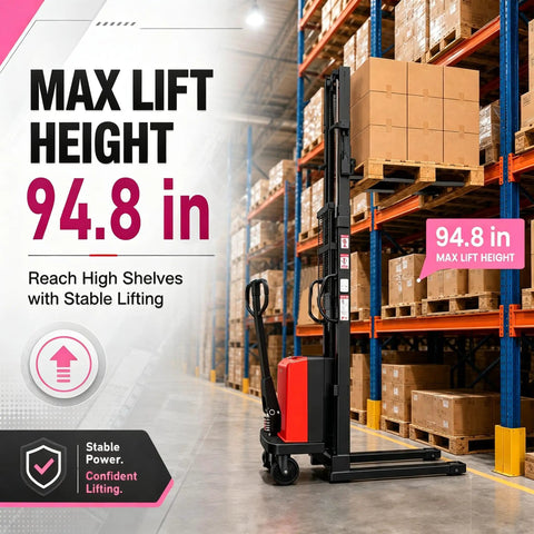 Heavy Duty Semi-Electric Pallet Stacker 3500 Lbs Capacity beside stacked boxes, showing 94.8 inch lift height and operational controls.