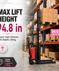 3500 Lbs Warehouse Pallet Stacker Semi-Electric Walkie With 94.8 Inch Lift Height 1.6Kw Motor adjustable forks in warehouse aisle.