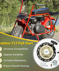 Pull Start Recoil Starter Assembly Replacement for Predator 212cc and 196cc Engines beside red Coleman Mini Bike