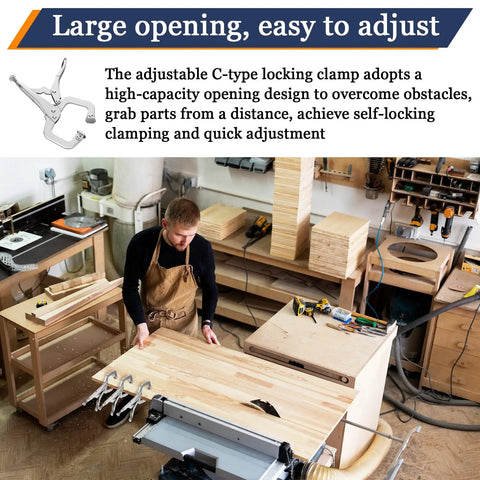Man using 12 Piece Heavy Duty C Clamp Locking Pliers Set 6 Inch Vise Grip With Swivel Pads for woodworking in shop