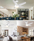 White 40 Inch Ceiling Fan With Lights And Remote Modern 5 Blade Design in living room, bedroom, and kitchen settings