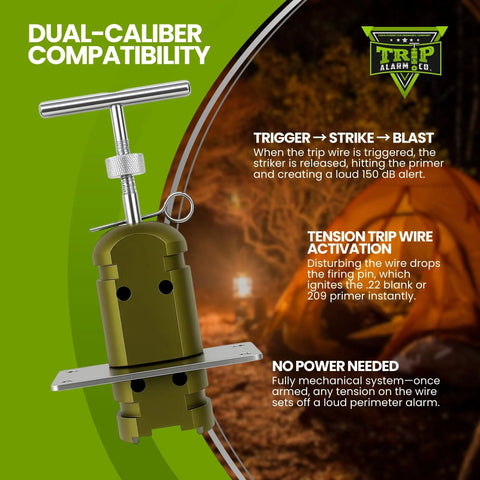 12 Gauge Perimeter Alarm With Quad Three Point Zero Tech Full 360 Degree Trip Wire Protection For Outdoor Camping And Property Security Olive Drab Durable Outdoor Security System, showing trip wire activation demo