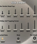 Size chart displaying dimensions and quantities of Top Shelf M3 Hex Socket Head Cap Screw Assortment Kit Packing 600 Tough Bolts.