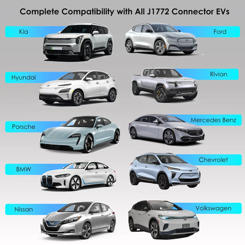 Image showing various electric vehicles compatible with Level 2 EV Charger With NEMA 14 50 Outlet 250V 32A 17 Ft Extension Cord.
