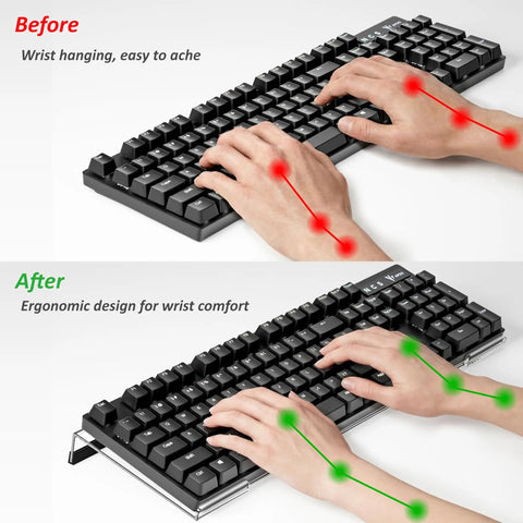 Before and after using Acrylic Tilted Keyboard Stand For Ergonomic Typing With Clear Tray And Non Slip Silicone Case Wide 17 Inch.