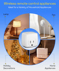 Wireless Remote Outlet Plug With 100Ft RF Range used for lamps, fans, holiday decorations, home appliances, shown in various settings.