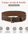 3 Inch Wide Tapered Full Grain Leather Work Belt For Men in dark tan with heavy duty stitching, displayed flat.