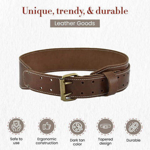 3 Inch Wide Tapered Full Grain Leather Work Belt For Men in dark tan with heavy duty stitching, displayed flat.
