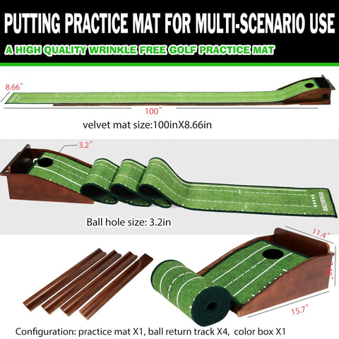 Indoor Putting Green Mat For Home Office And Outdoors With Automatic Ball Return Realistic 10 To 14 Yard Roll High Density Velvet Surface Durable Golf Practice Mat Gift For Golf Enthusiasts shown with dimensions and components.