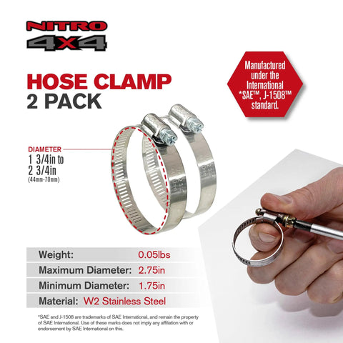 Beefy Heavy Duty Stainless Steel Hose Clamp Set Two Pack Adjustable From One Point Seven Five Inch To Two Point Seven Five Inch Forty Four To Seventy Millimeter For Auto Radiator Hose Fuel Line Plumbing And Mechanical Use displaying clamps