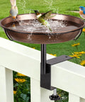 Badass Deck Mounted Metal Bird Bath For Your Backyard Folks With Detachable 12 Inch Birdbath Bowl and birds splashing water.