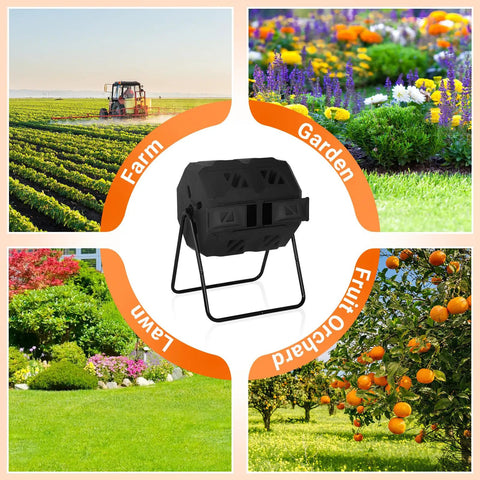 Dual Chamber Compost Bin With 43 Gallon Capacity Rotating Tumbler For Fast Easy Composting Sliding Doors ideal for garden use